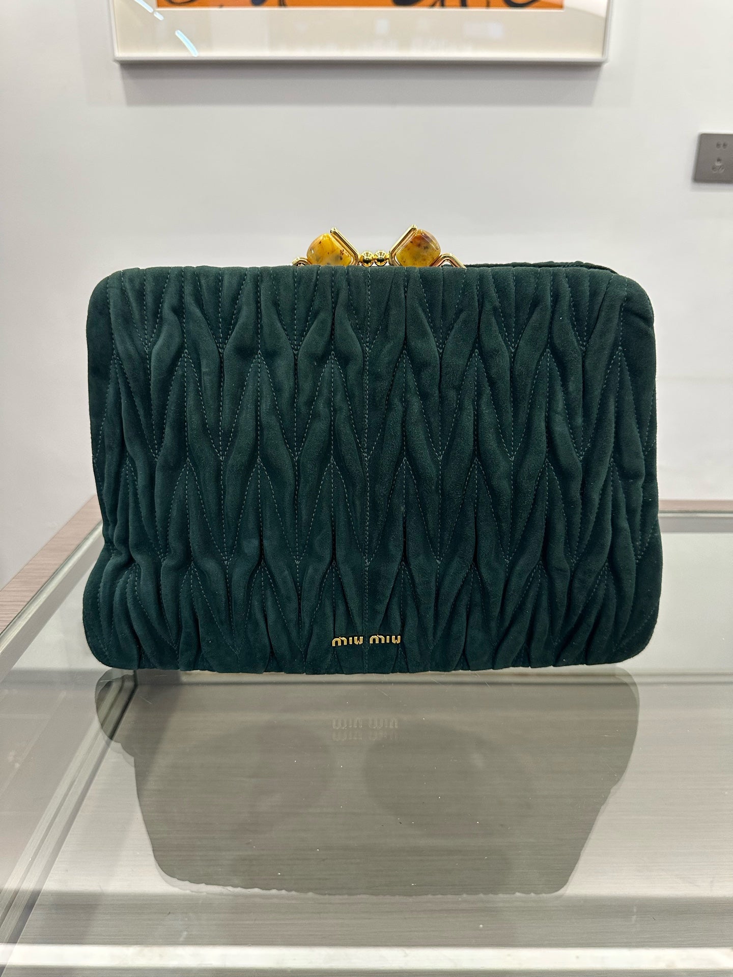 Miu Miu - Velvet Matelassé Frame Clutch with Resin Button - Velvet - Green - (Medium)