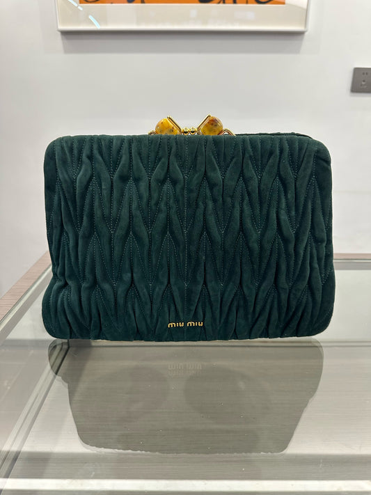 Miu Miu - Velvet Matelassé Frame Clutch with Resin Button - Velvet - Green - (Medium)