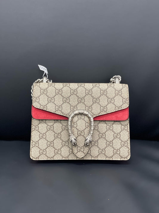Gucci - Dionysus Mini Shoulder Bag - GG Supreme canvas with red suede trim and leather details - Beige and Red - (mini)