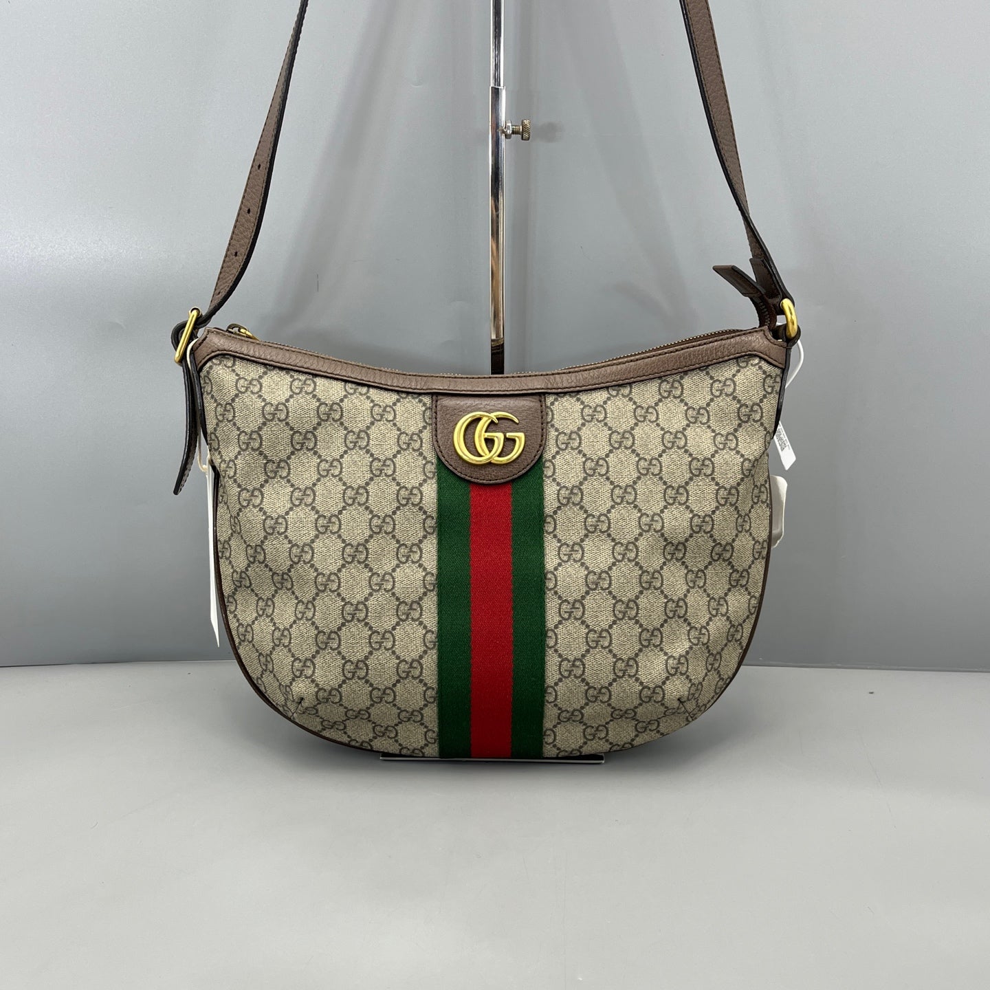 Gucci - Ophidia Half Moon Crossbody Bag - GG Supreme canvas with leather trim - Beige and Ebony with Red and Green Web stripe - (medium)