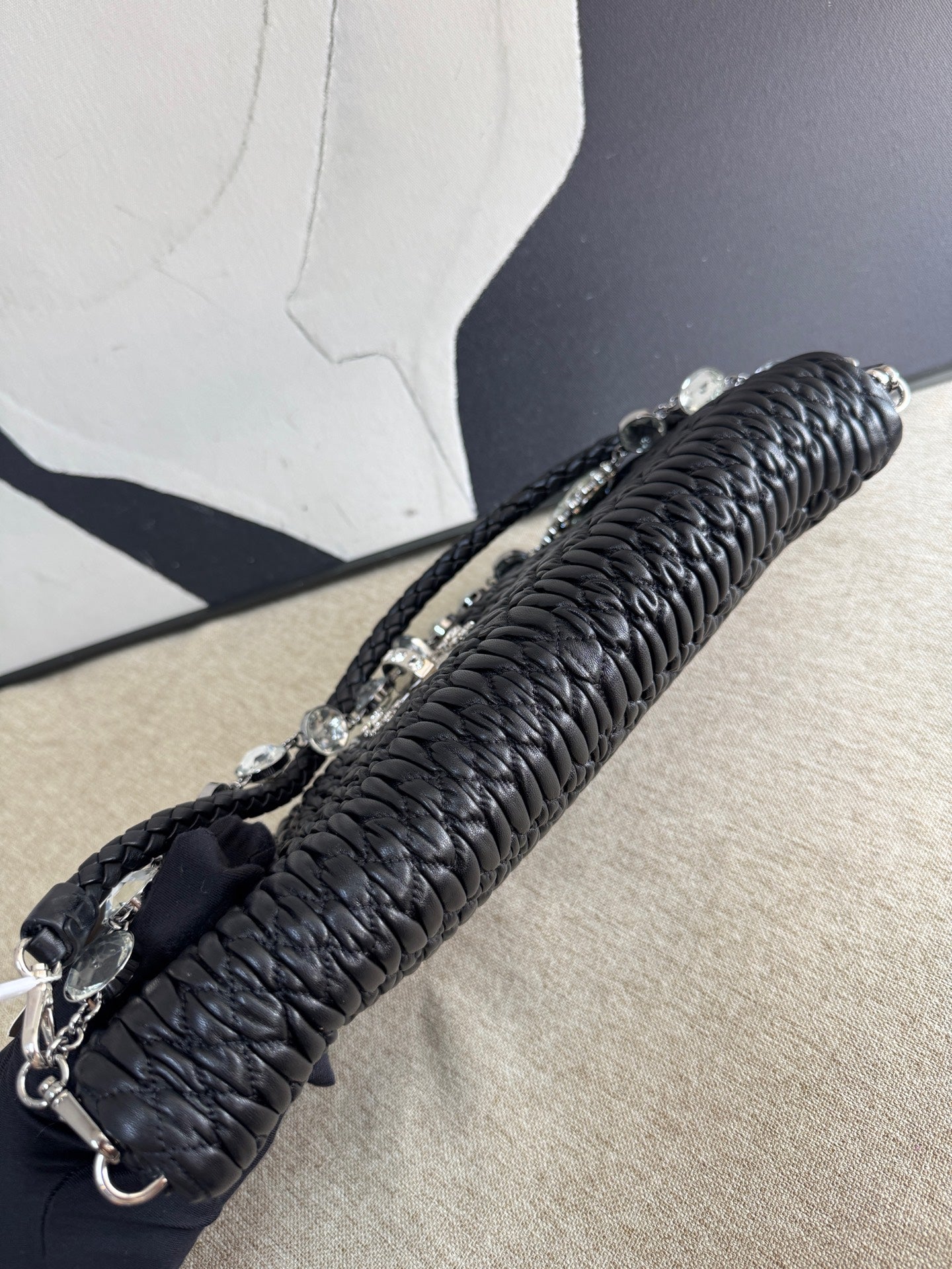 Miu Miu - Matelassé Crystal Chain Bag - Lambskin leather - Black - (Large)