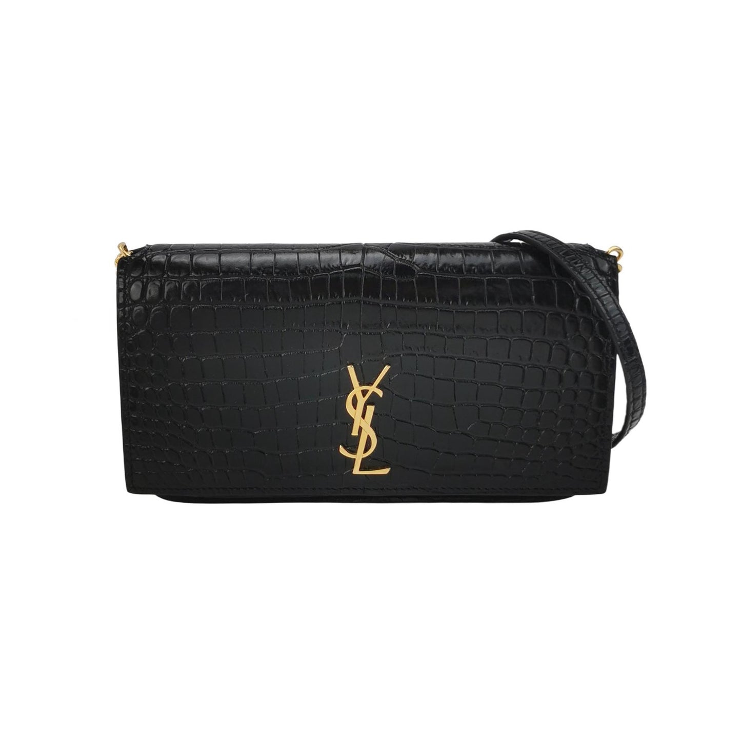Saint Laurent - Monogram Wallet on Chain (WOC) - Calfskin leather with crocodile embossing - Black with Gold-Tone Hardware - (Mini)