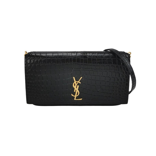 Saint Laurent - Monogram Wallet on Chain (WOC) - Calfskin leather with crocodile embossing - Black with Gold-Tone Hardware - (Mini)