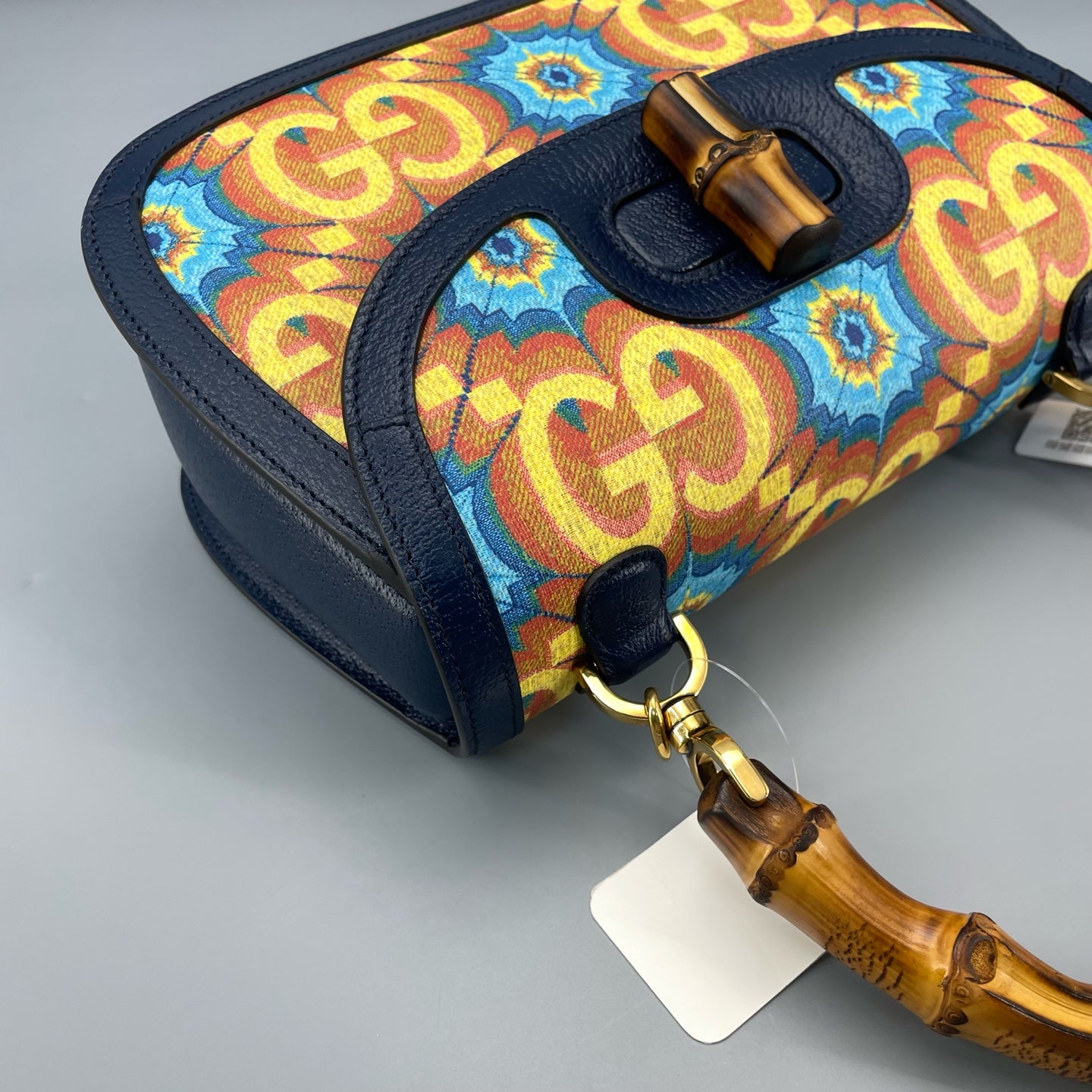 Gucci - 100th Anniversary Limited Edition Bamboo Bag - Canvas with Leather Trim and Bamboo Handle - Multicolour with Navy Trim - (medium)