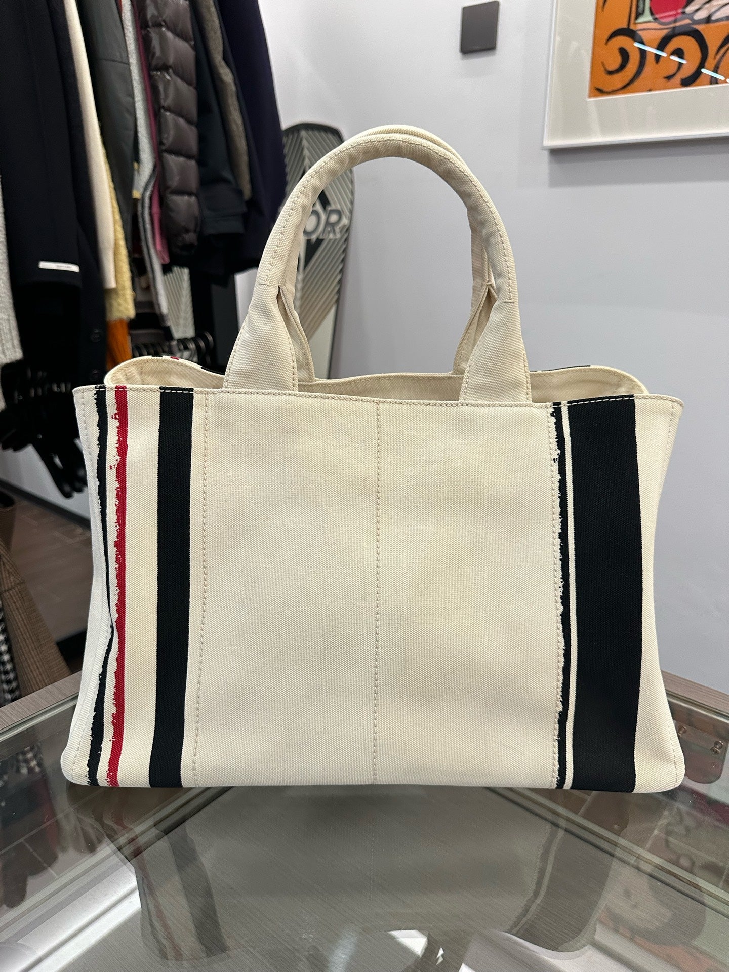 Prada - Canvas Striped Tote Bag - Canvas - White with Black and Red Stripes - (large)
