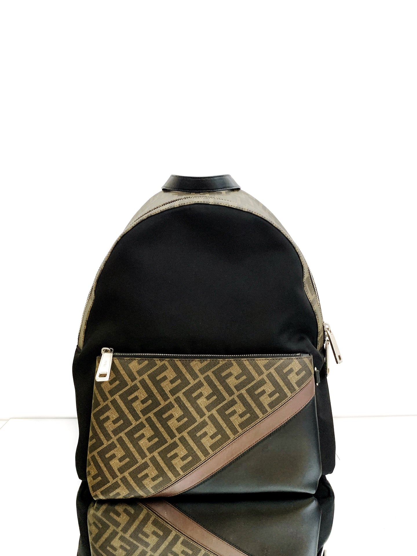 Fendi - FF Monogram Backpack - Coated canvas and polyamide nylon with leather trim - Black and Brown - (large)