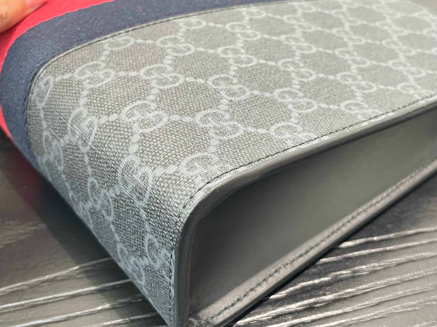 Gucci - GG Supreme Web Stripe Pouch - Coated canvas with leather trim and textile Web stripe - Grey with Red and Blue accents - (Medium)
