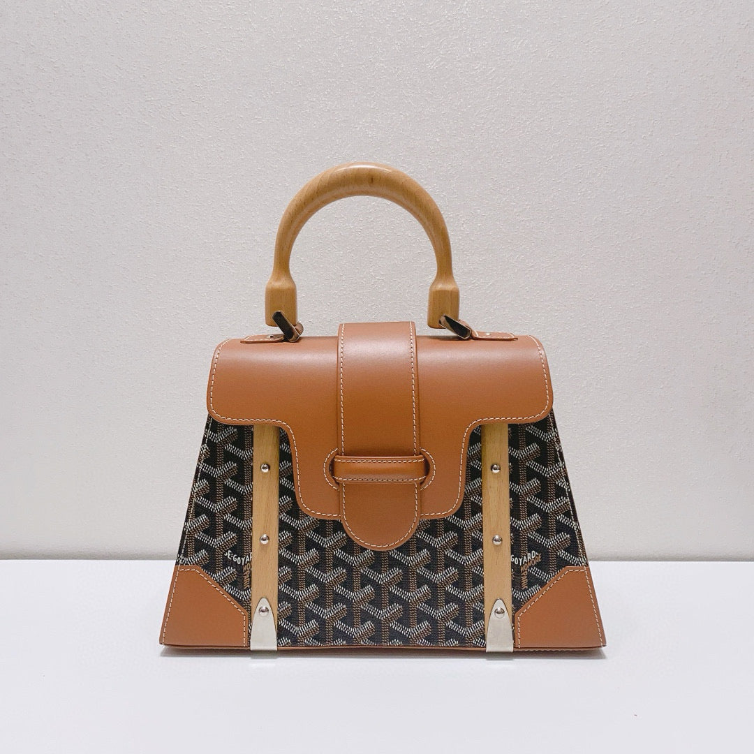 Goyard - Saigon PM (Petit Modèle) with Bandouliere - Goyardine canvas with leather trim and wooden handle - Brown (Goyardine monogram) with Caramel leather - (Small)