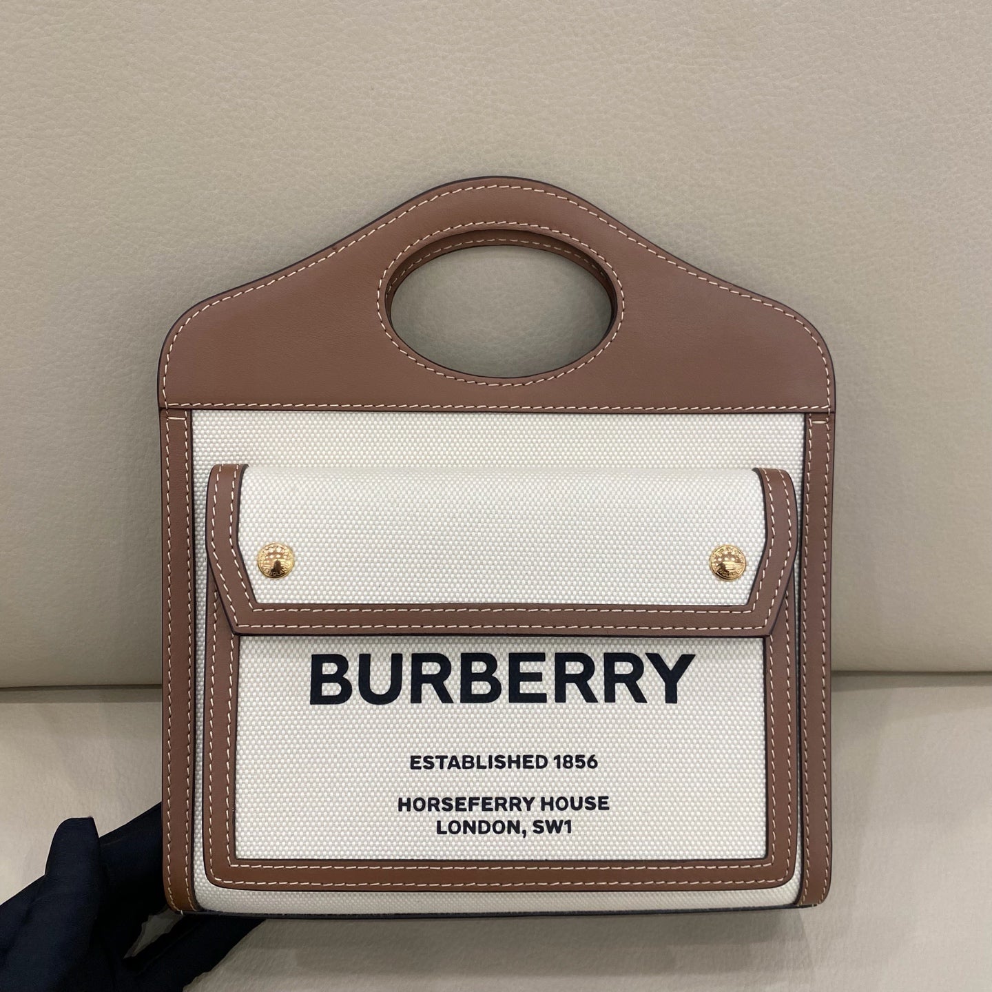 Burberry - Mini Pocket Bag - Canvas and leather - White with Brown leather accents - (small)
