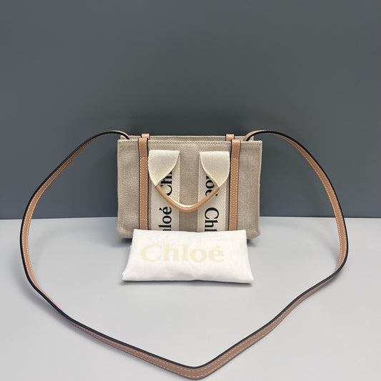 Chloe - Woody Mini Tote - Canvas with Leather trim - Beige - (mini)