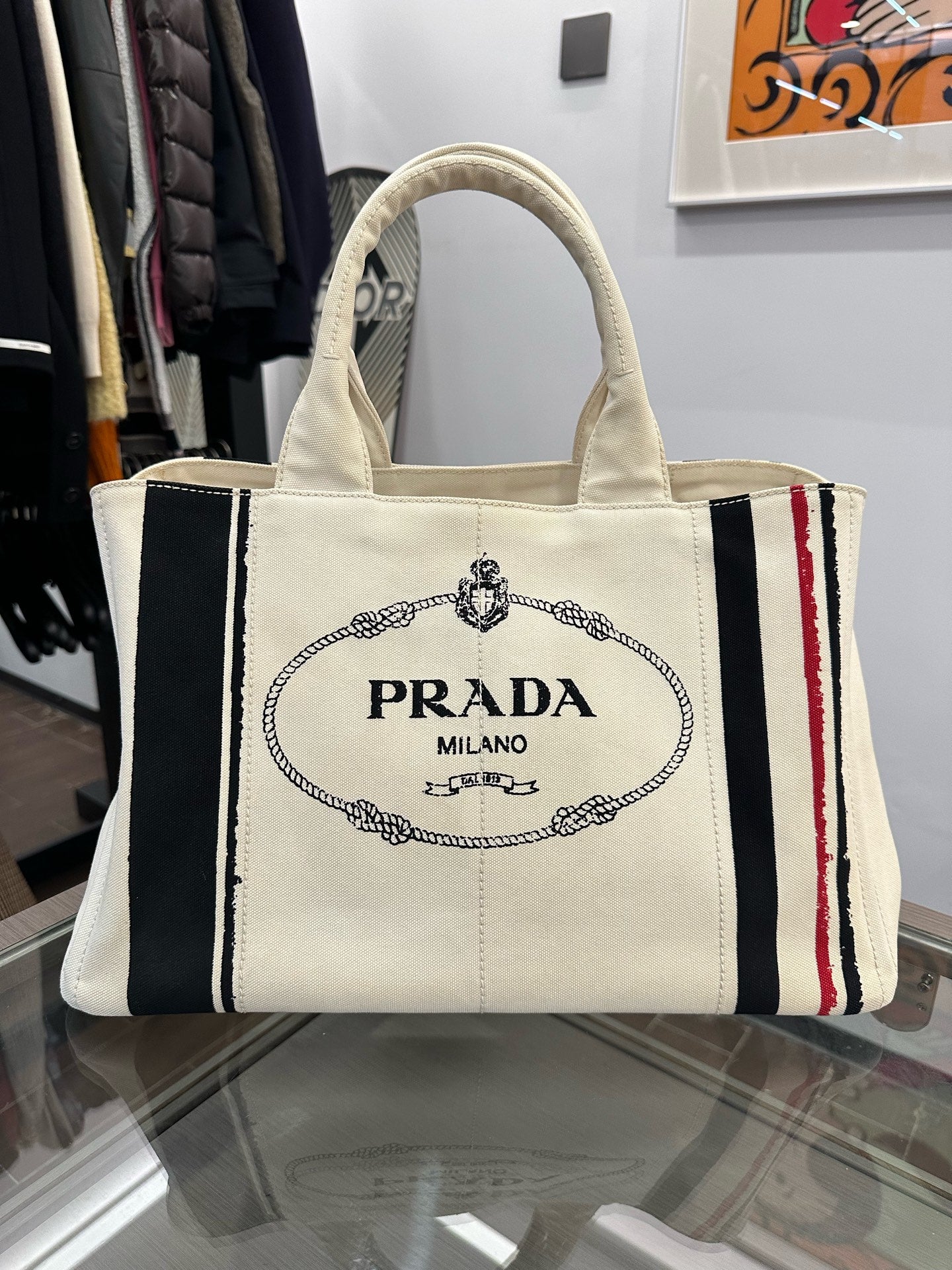 Prada - Canvas Striped Tote Bag - Canvas - White with Black and Red Stripes - (large)