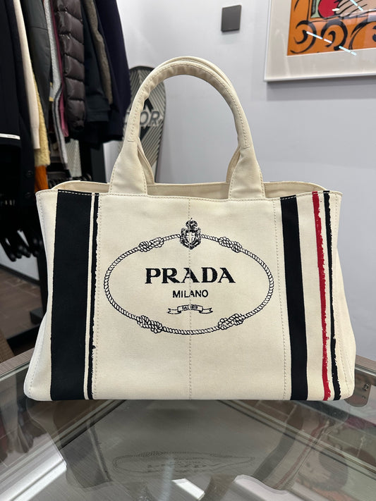 Prada - Canvas Striped Tote Bag - Canvas - White with Black and Red Stripes - (large)