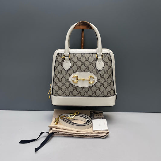Gucci - 1955 Horsebit Dome Bag - GG Supreme canvas with leather trim - Beige and White - (small)