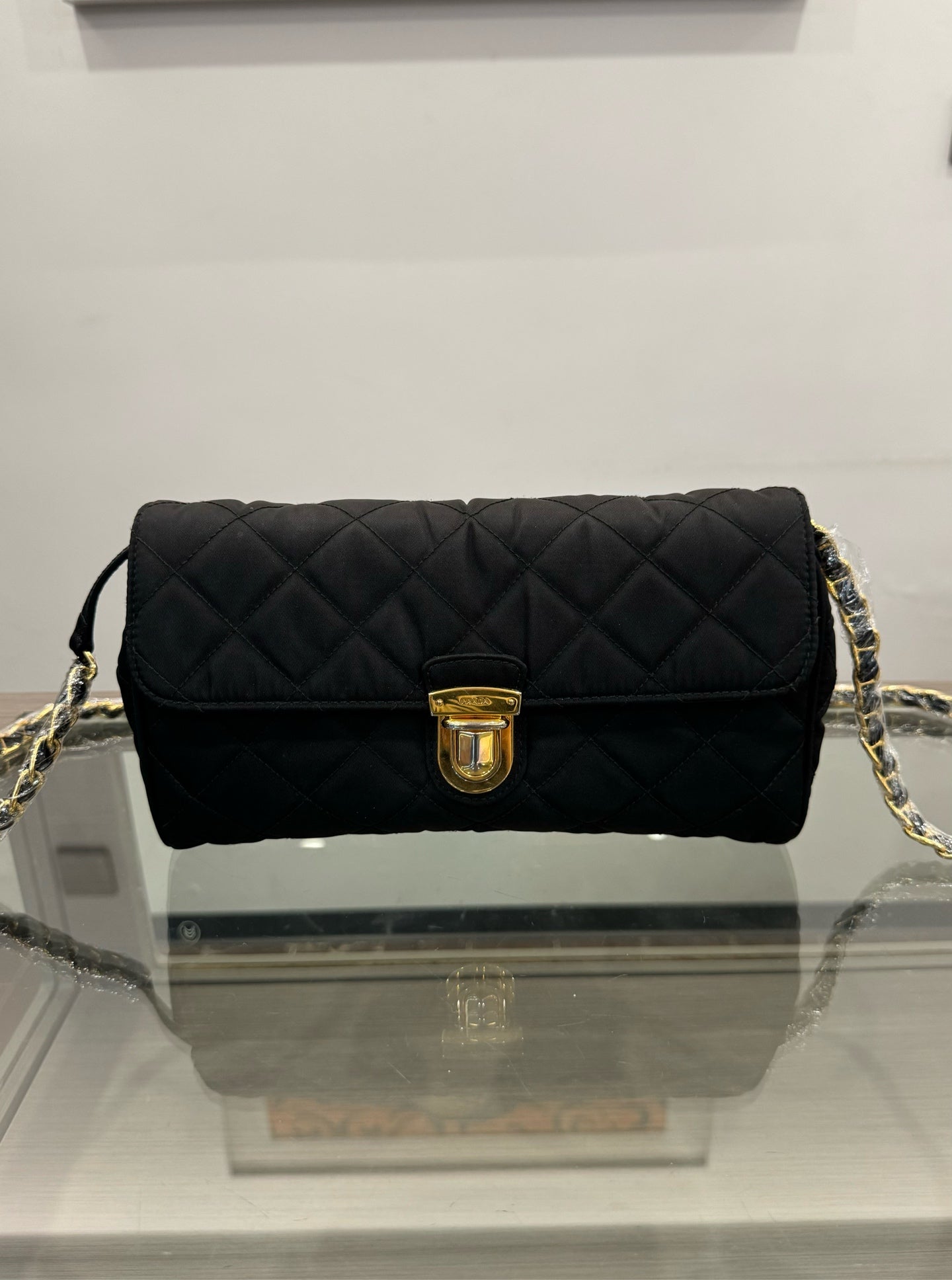 Prada - Quilted Nylon Flap Chain Shoulder Bag - Nylon, Saffiano leather trim - Black with Gold-Tone Hardware - (small)