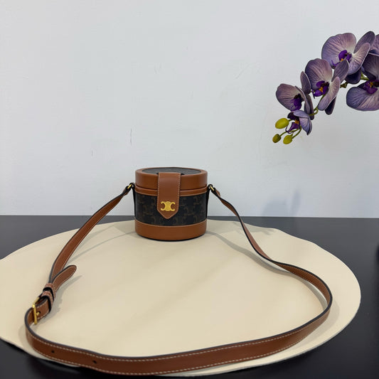 Celine - Triomphe Canvas Cylinder Bag - Triomphe Canvas and Leather - Brown - (small)