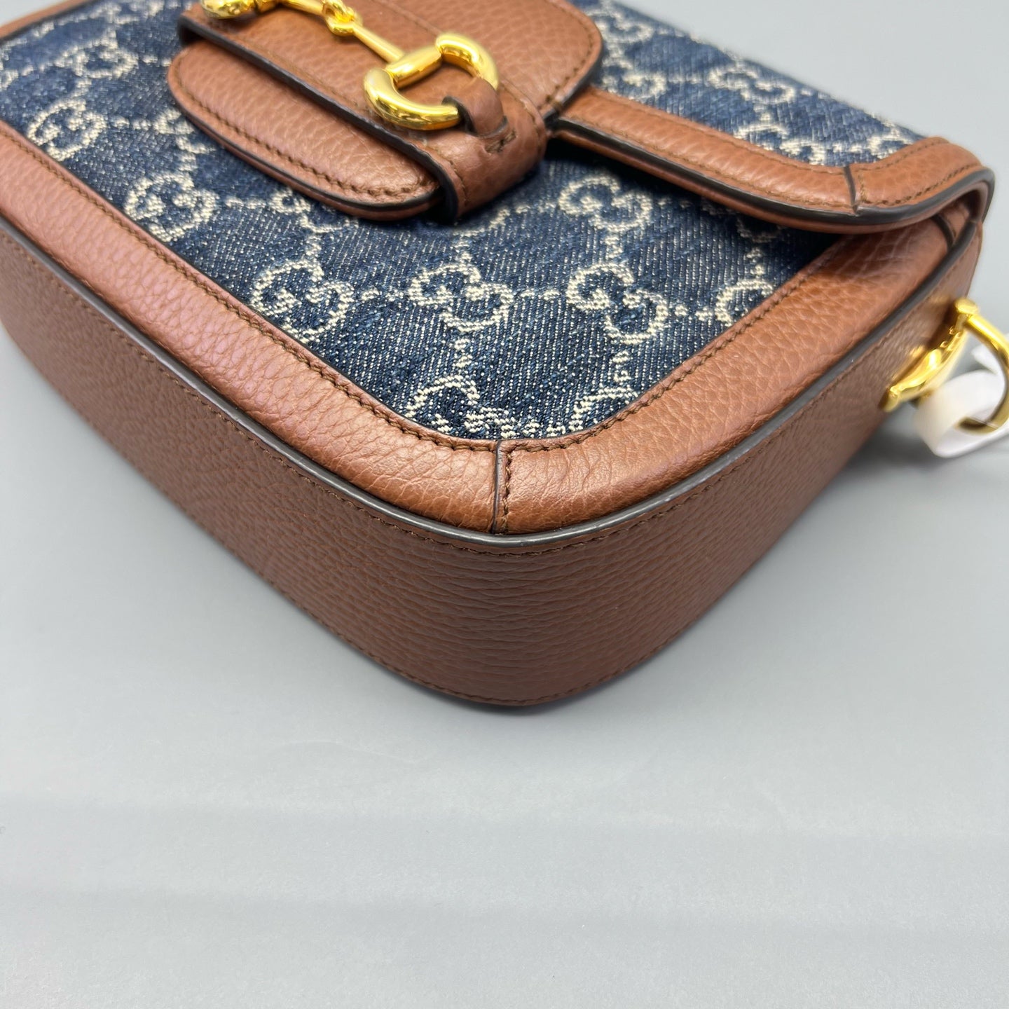 Gucci - Horsebit 1955 Mini - Denim and pebbled leather - Blue with brown trim - (mini)