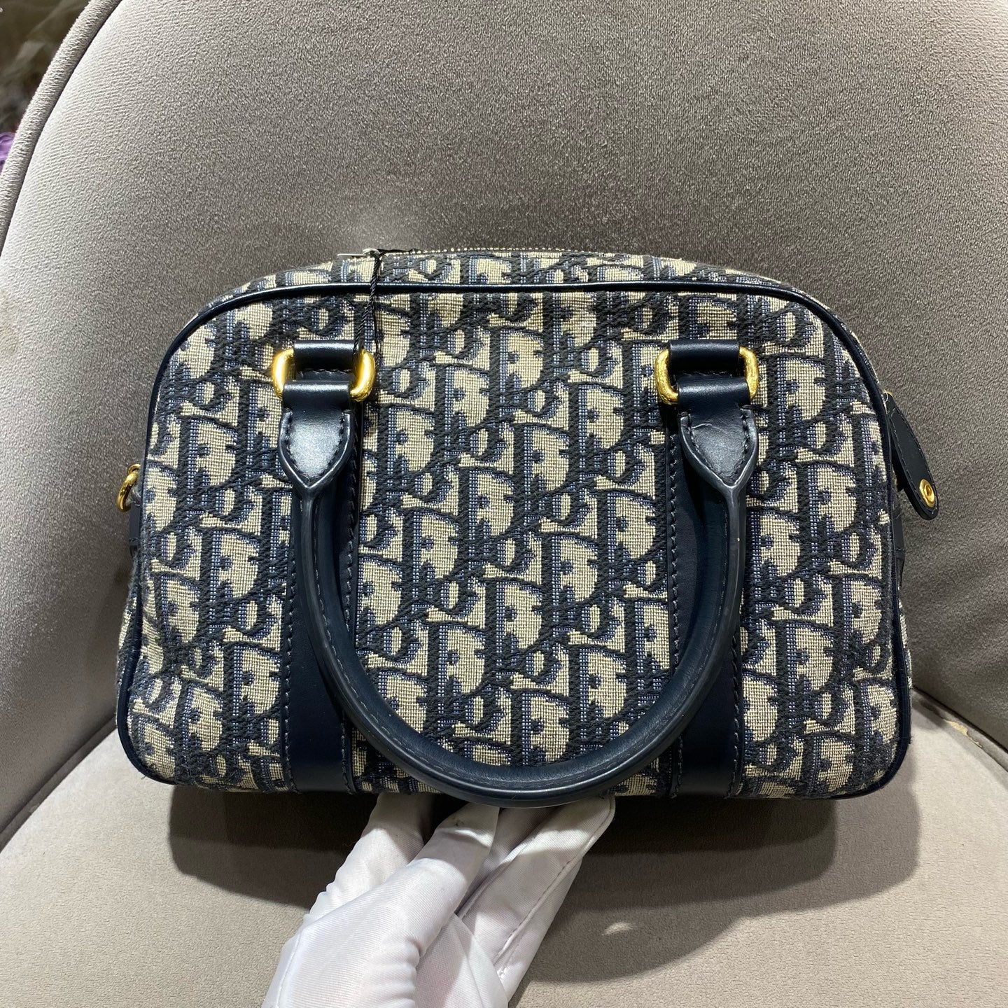 Dior - Dior Oblique Embroidered Bowling Bag - Cloth - Navy - (medium)