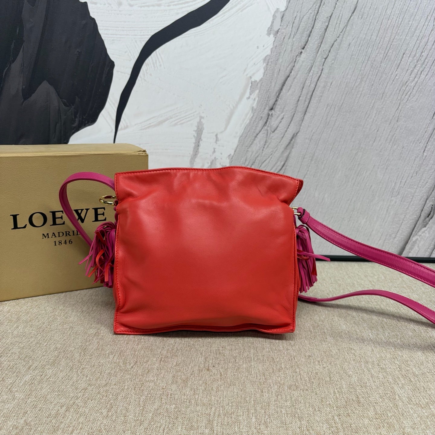 Loewe - Flamenco Tassel Drawstring Bag - Lambskin leather - Orange-Red and Rose Red - (Medium)