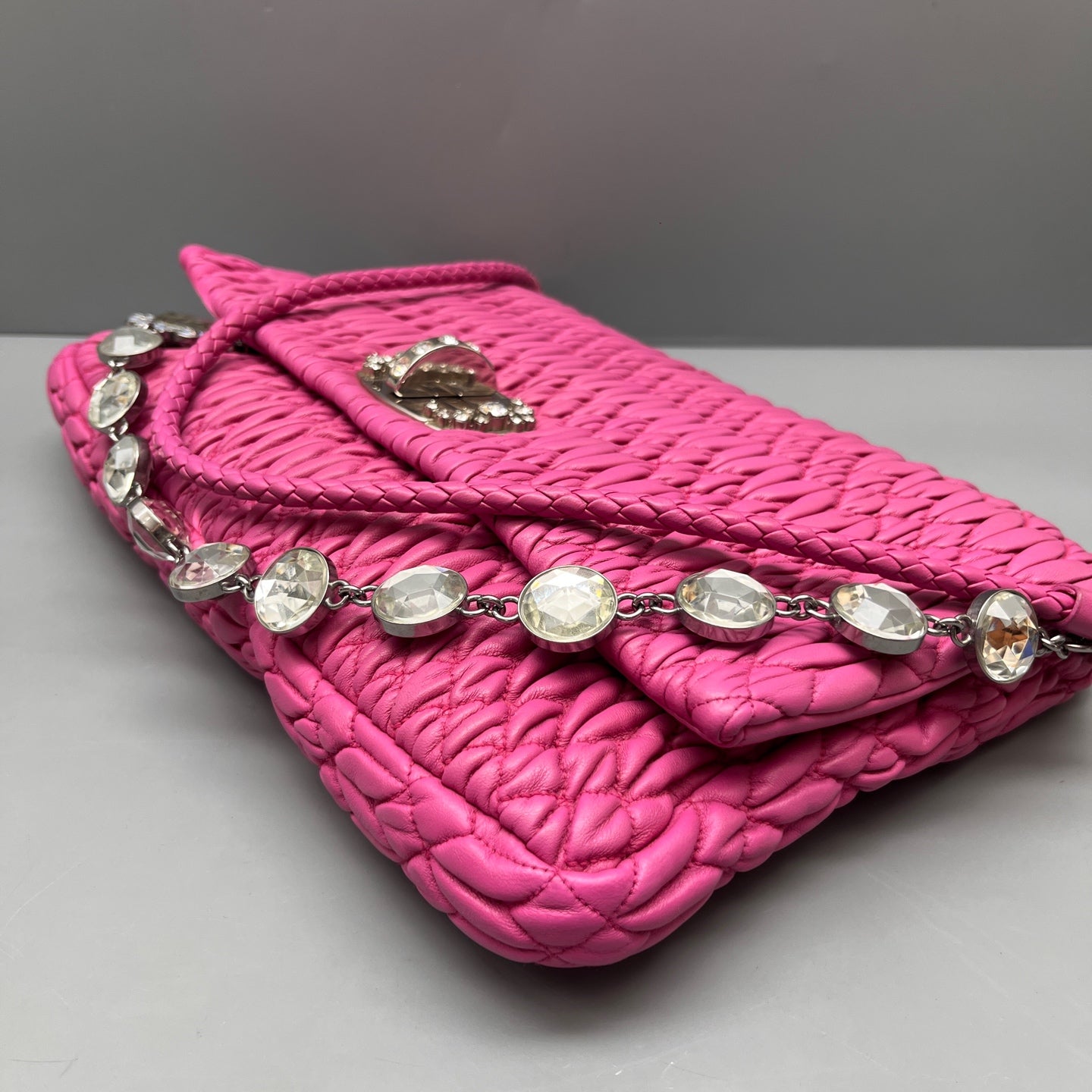 Miu Miu - Ruched Gemstone Chain Flap Shoulder Bag - Leather - Pink - (Medium)