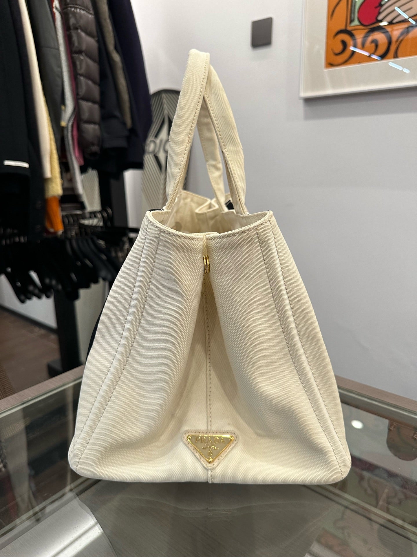 Prada - Canvas Striped Tote Bag - Canvas - White with Black and Red Stripes - (large)