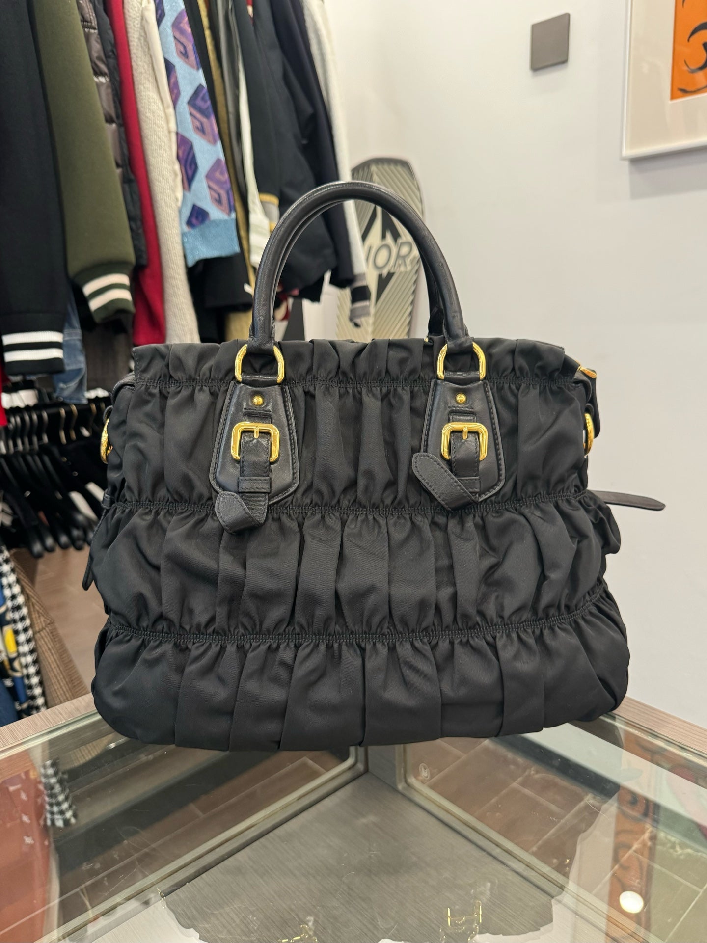 Prada - Parachute Ruched Tote Bag - Polyamide with leather trim - Black - (medium)