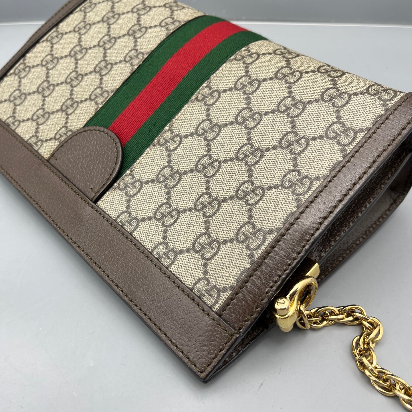 Gucci - Ophidia Chain Bag - GG Supreme coated canvas with leather trim - Ebony (Beige and Brown) with Red and Green Web - (mini)