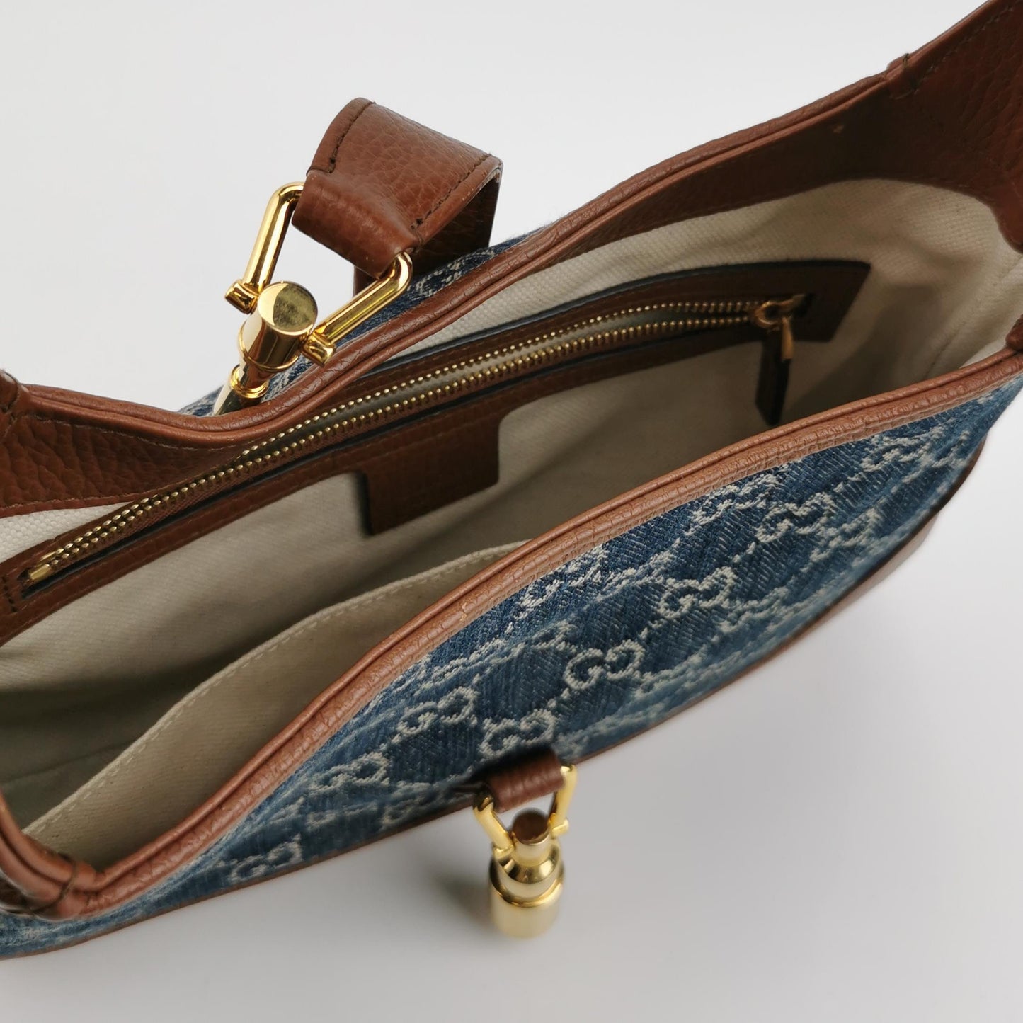 Gucci - Jackie 1961 - Denim with pebbled leather trim - Blue and Brown - (Medium)
