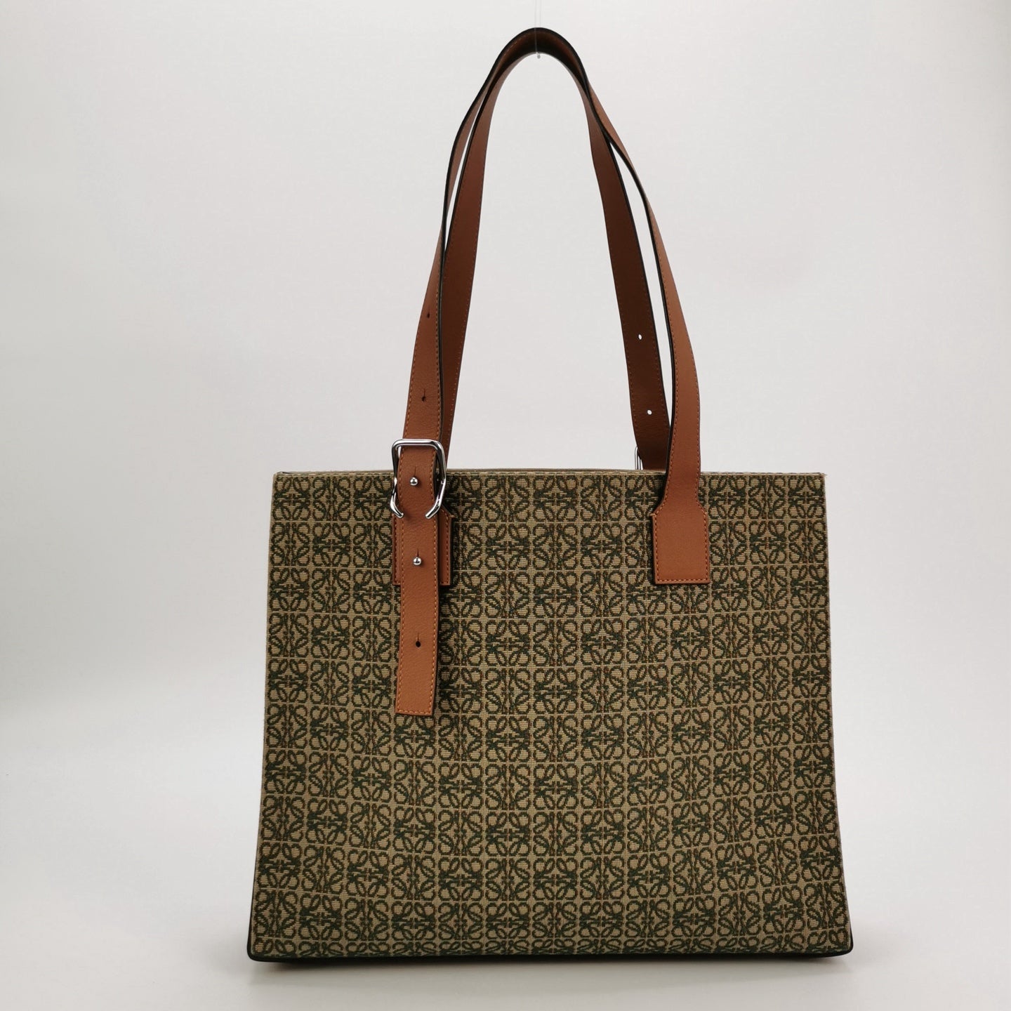 Loewe - Buckle Tote - Canvas with calfskin leather trim - Beige and Green with Brown Leather Trim - (medium)