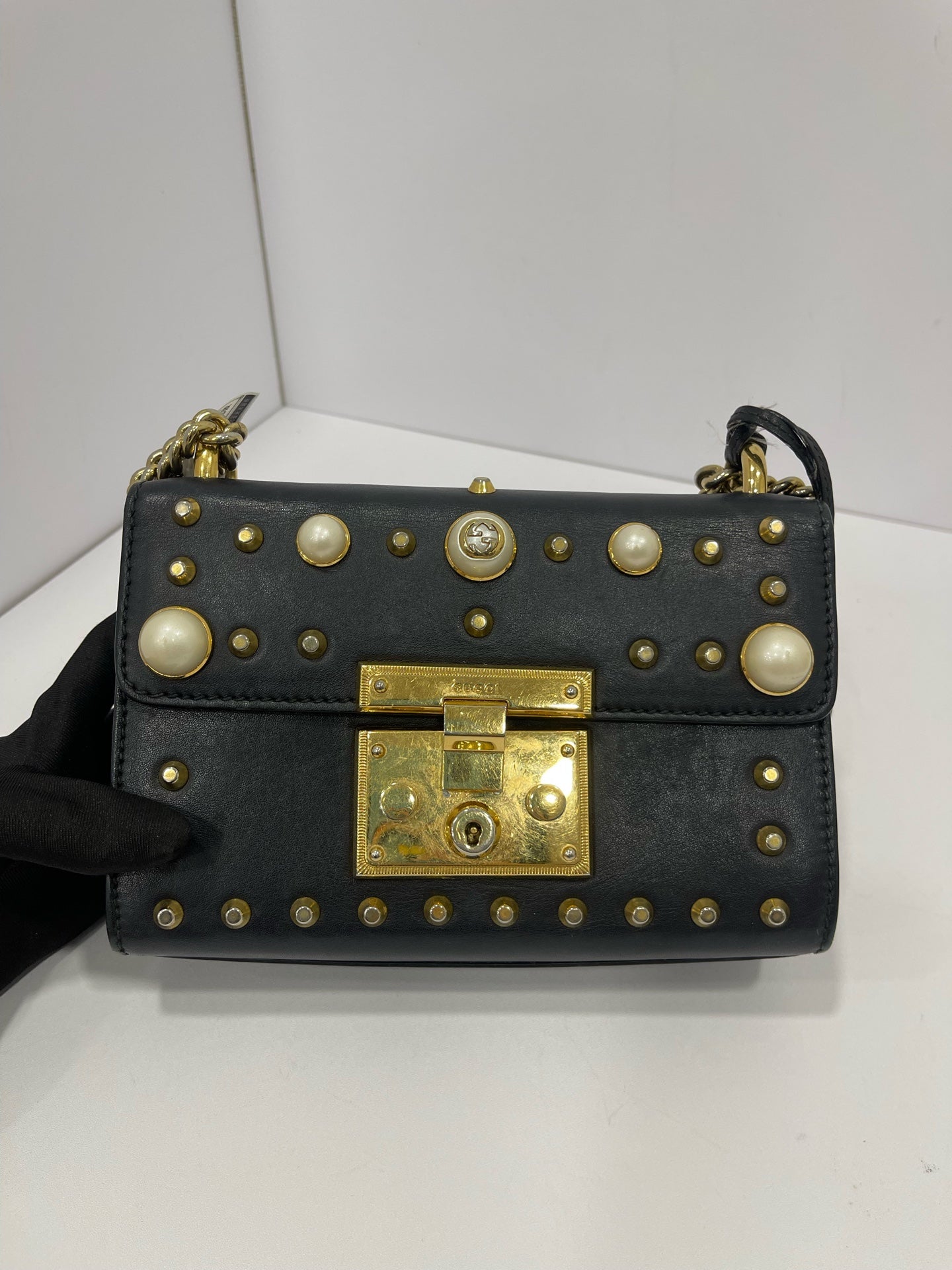 Gucci - Padlock Studded Pearl Shoulder Bag - Leather - Black - (mini)