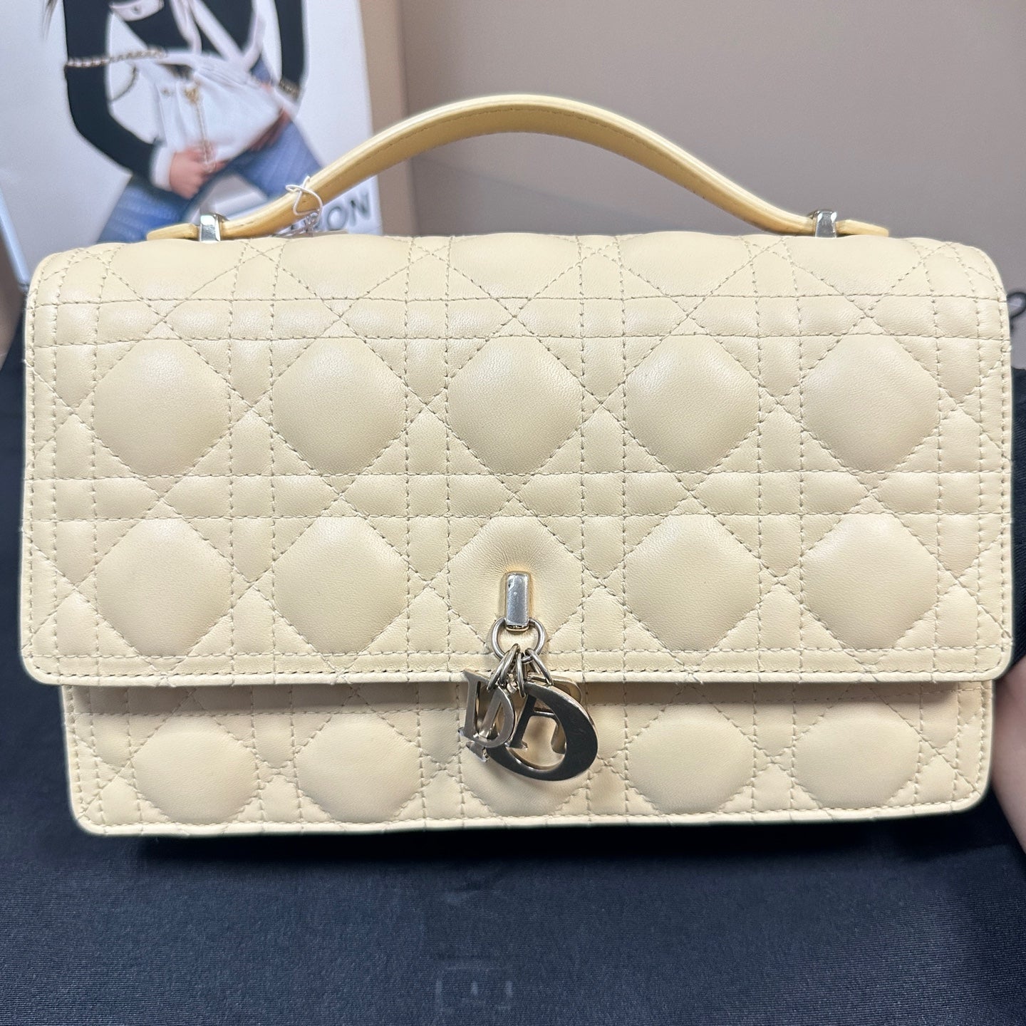 Dior - Miss Dior with Top Handle Chain Bag - Leather - Pale Yellow with Silver-Tone Hardware - (Medium)