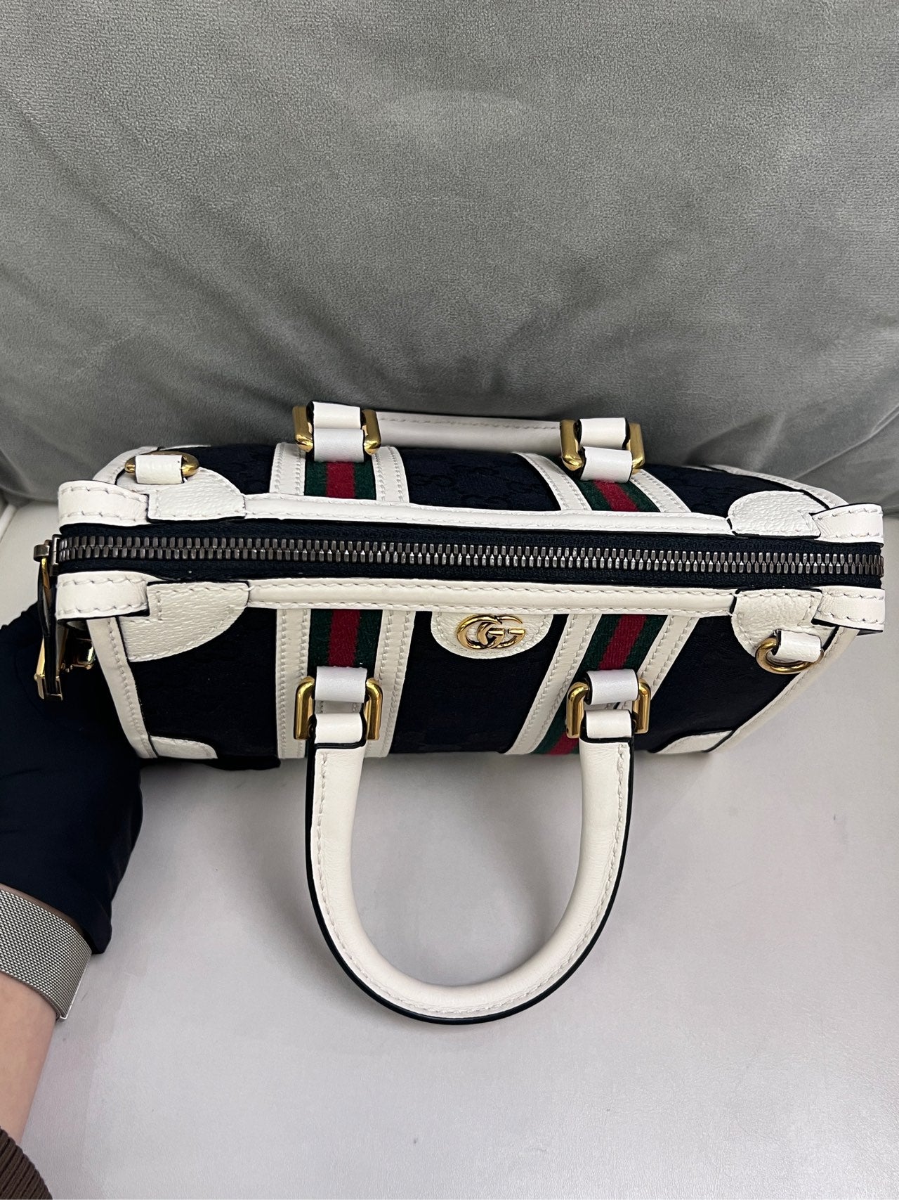 Gucci - Exquisite Top Handle Bag - GG Canvas and Leather - Black with White trim and Red/Green Web - (mini)