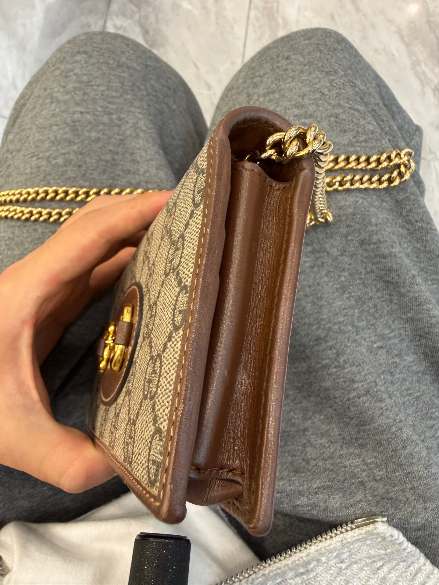 Gucci - 1955 Horsebit Wallet on Chain - GG Supreme canvas and Leather - Beige and Brown with Gold-Tone Hardware - (Small)