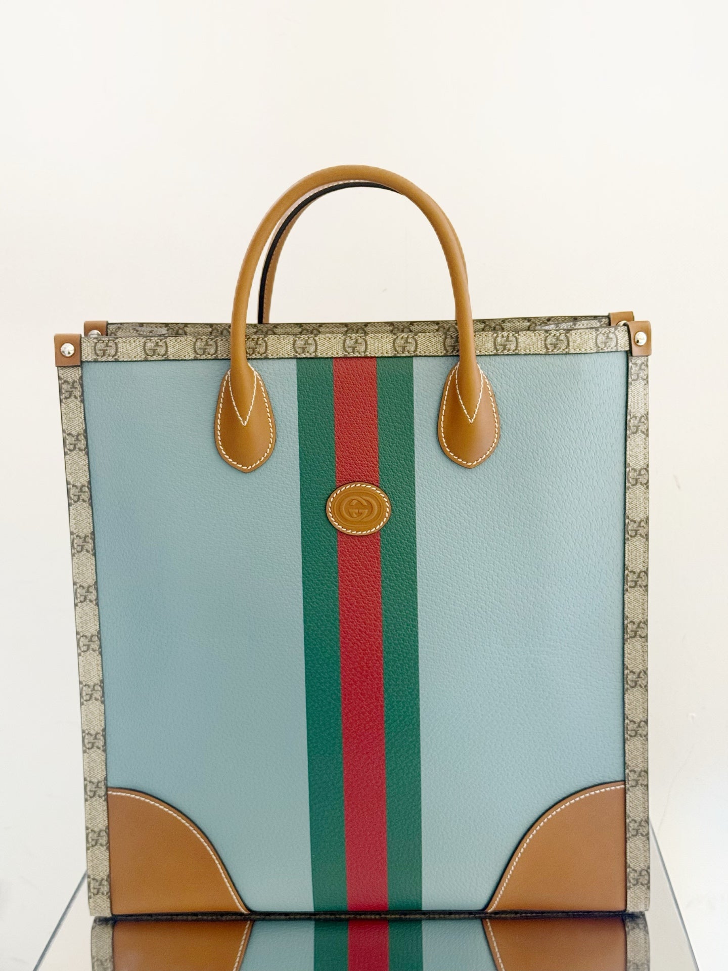 Gucci - GG Supreme Web Stripe Tote Bag - Coated canvas and leather - Brown and Blue - (medium)