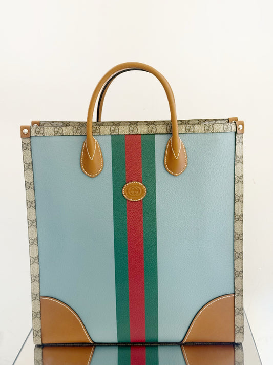 Gucci - GG Supreme Web Stripe Tote Bag - Coated canvas and leather - Brown and Blue - (medium)