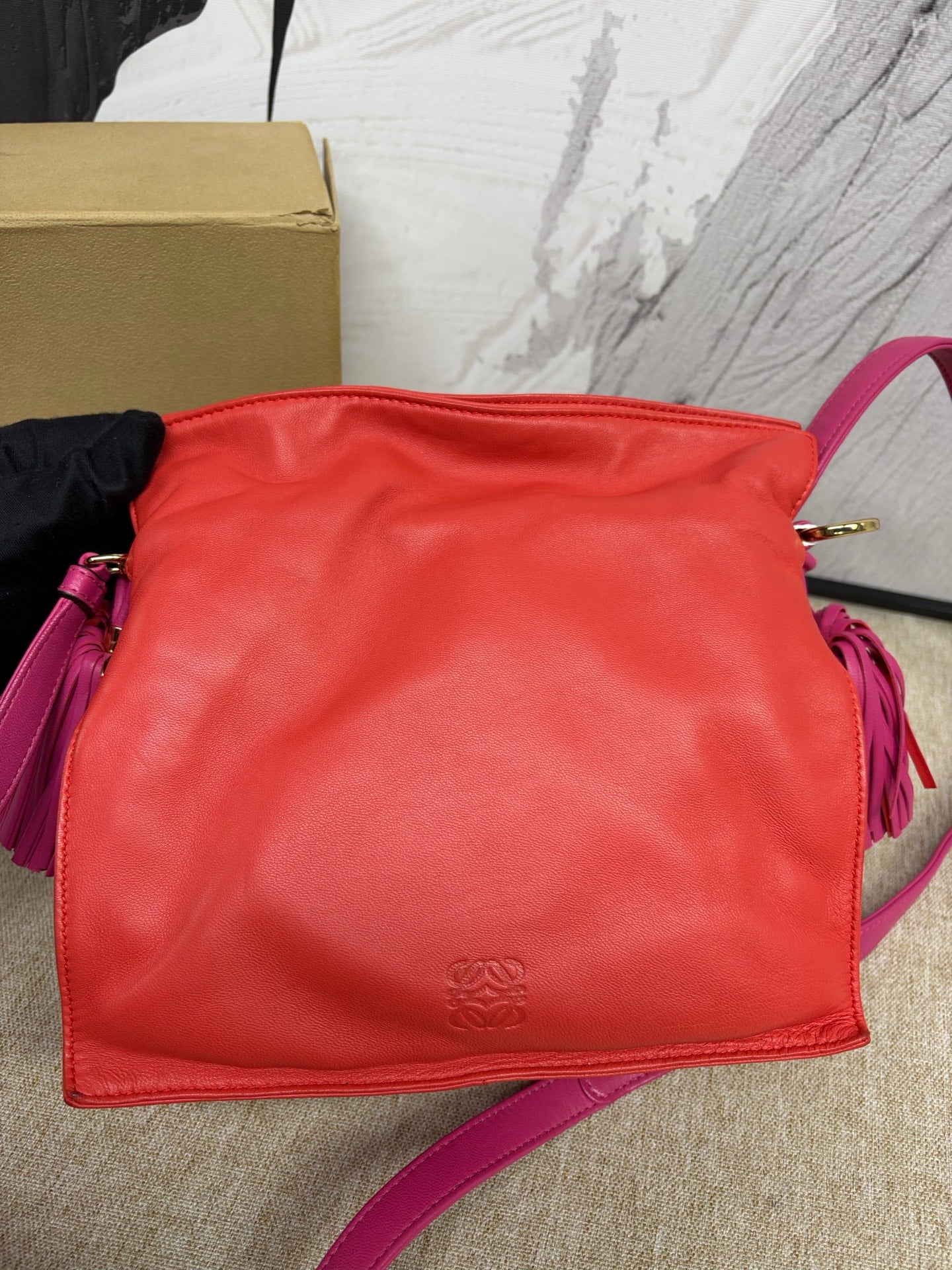 Loewe - Flamenco Tassel Drawstring Bag - Lambskin leather - Orange-Red and Rose Red - (Medium)