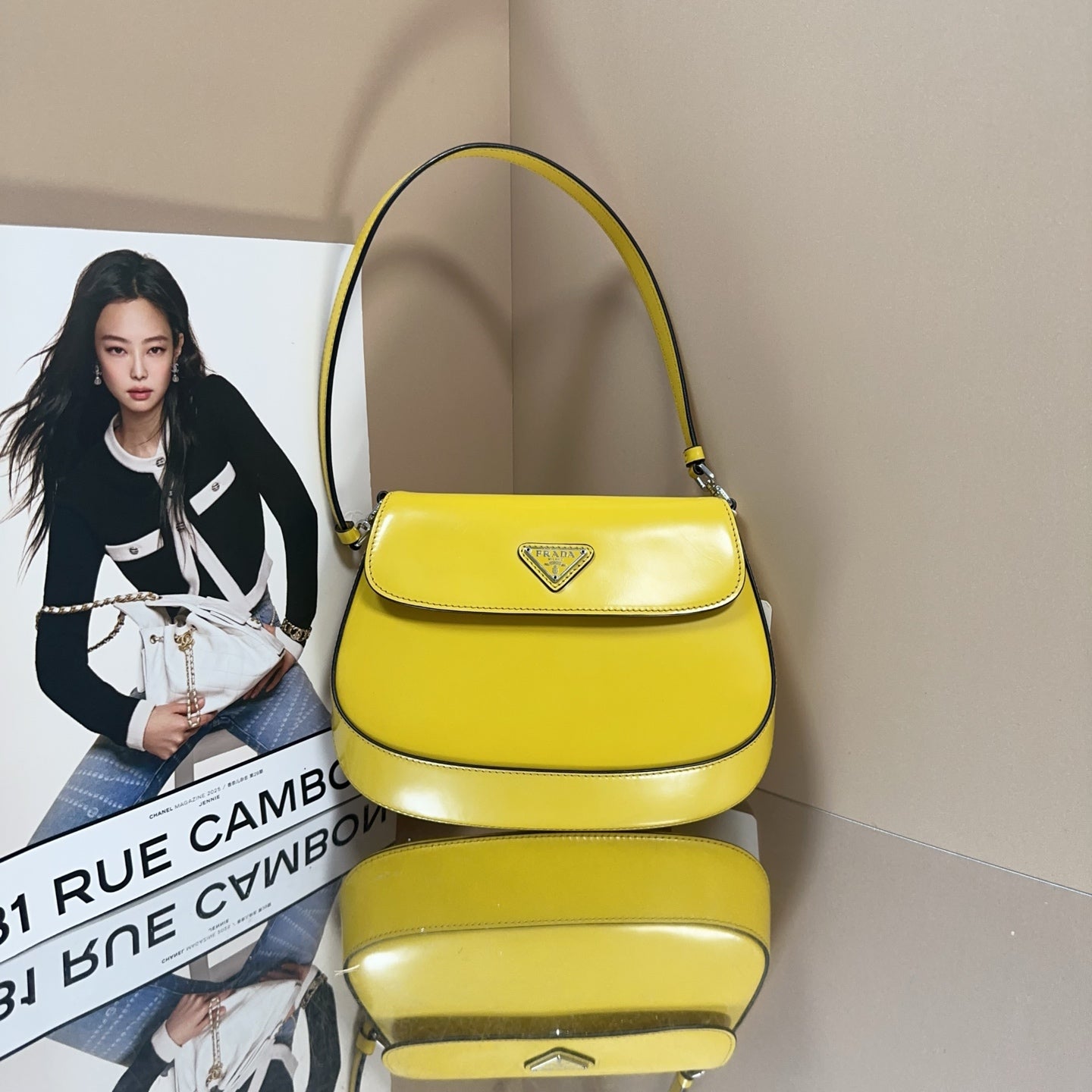 Prada - Cleo Flap Small Shoulder Bag - Box leather - Yellow - (small)