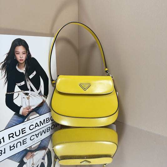 Prada - Cleo Flap Small Shoulder Bag - Box leather - Yellow - (small)