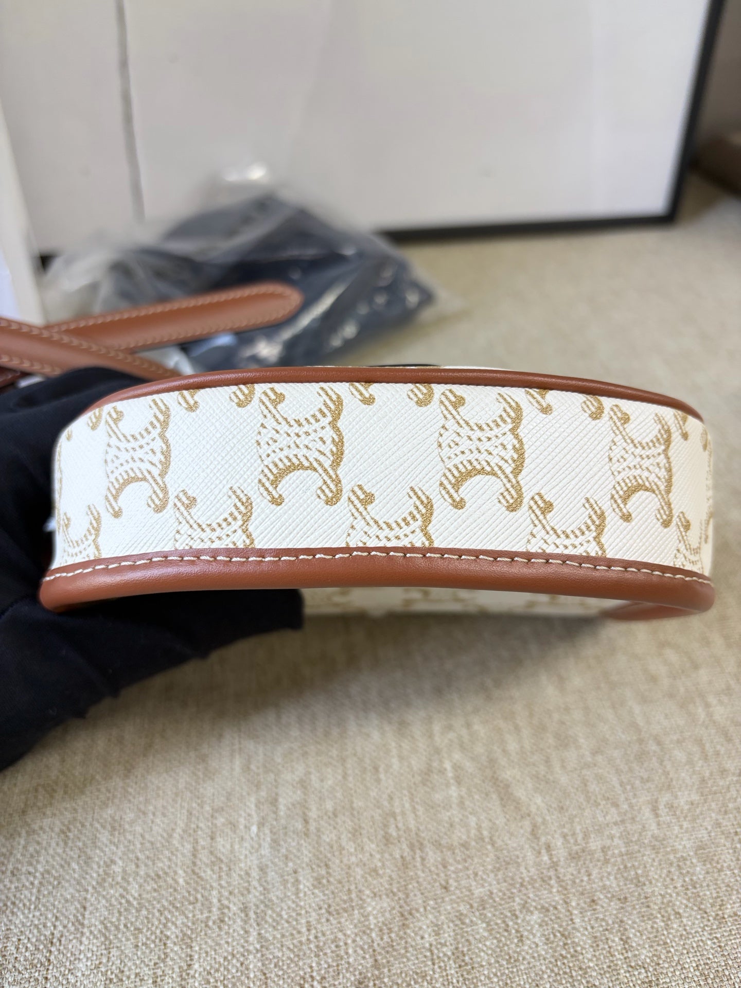 Celine - Triomphe Mini Saddle Bag - Coated canvas with leather trim - Beige and Brown - (mini)