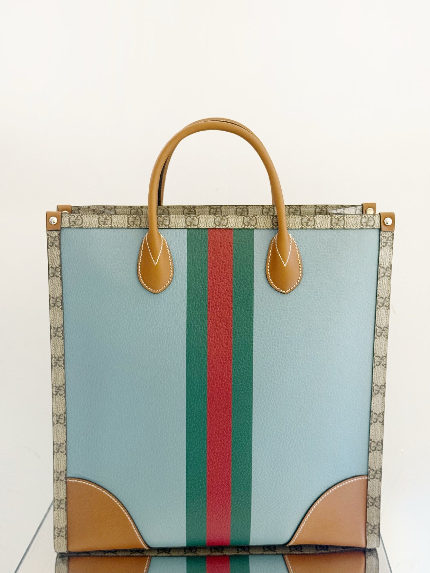 Gucci - GG Supreme Web Stripe Tote Bag - Coated canvas and leather - Brown and Blue - (medium)