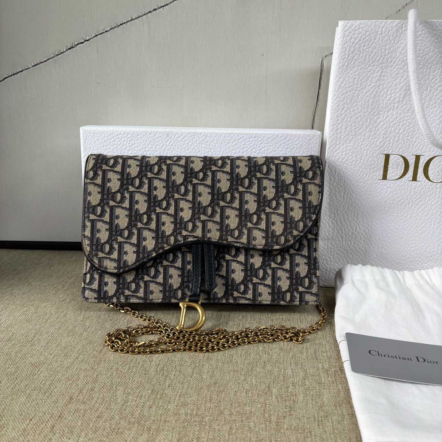 Dior - Saddle Wallet on Chain - Embroidered Oblique Canvas - Blue - (small)