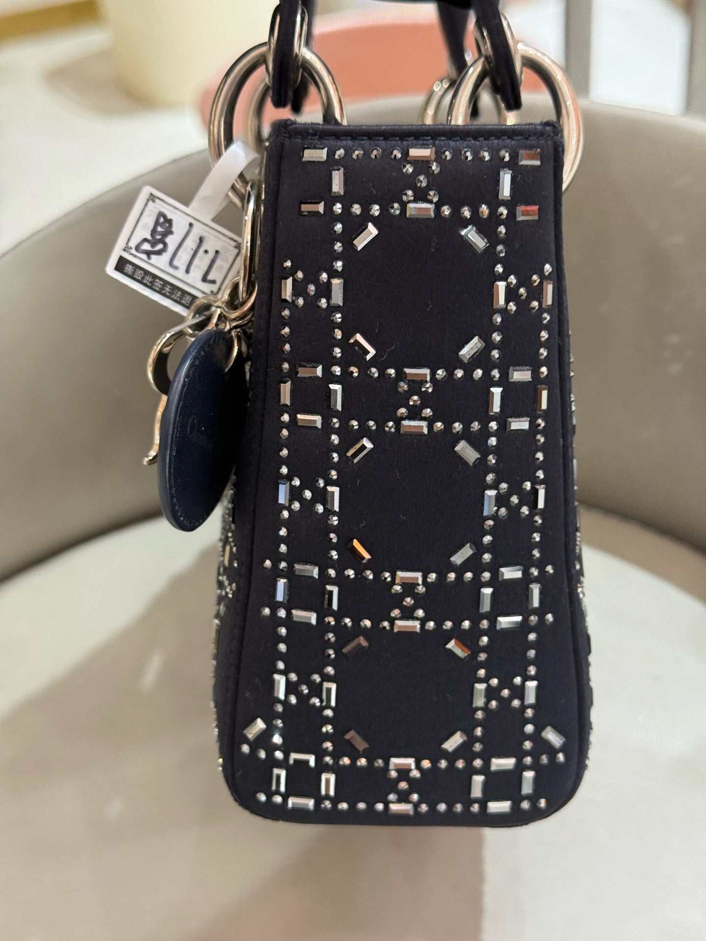 Dior - Lady Dior Mini - Satin with Crystal Embellishments - Navy Blue - (mini)