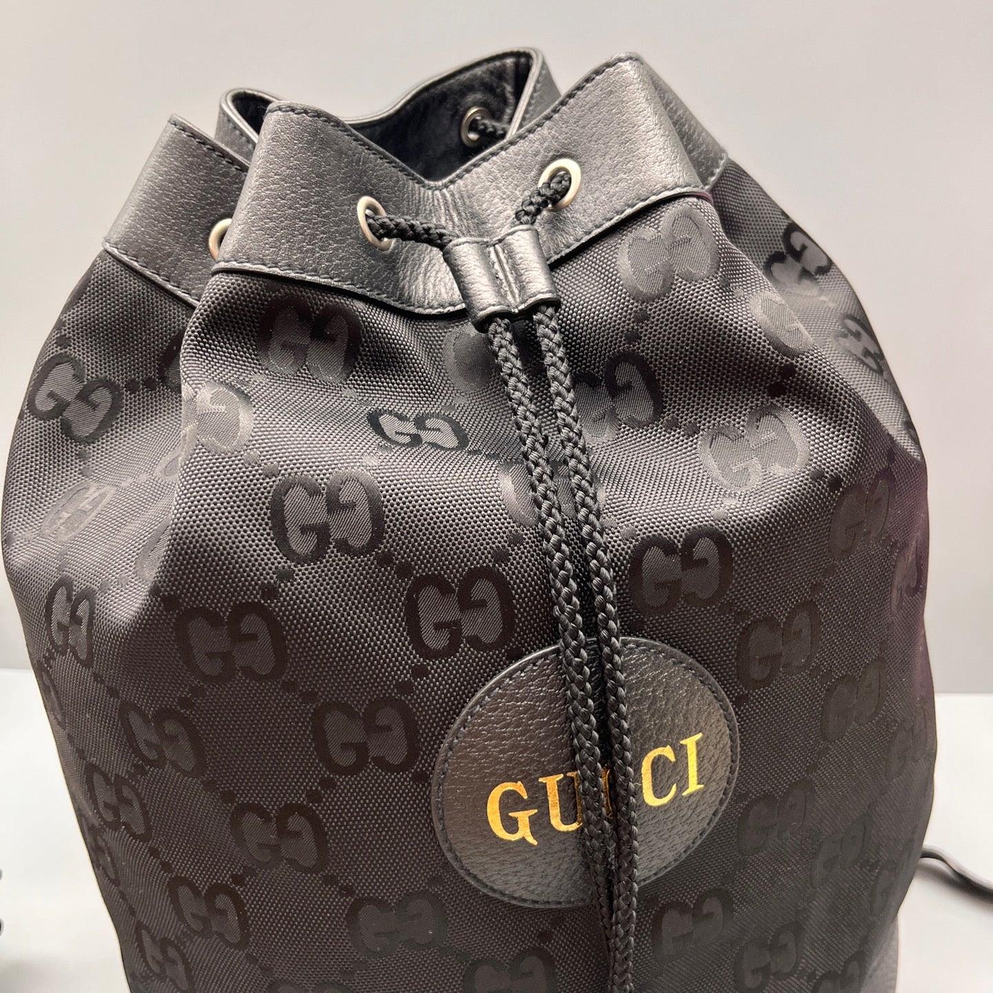 Gucci - GG Canvas Drawstring Backpack - GG Monogram Canvas with Leather Trim - Black - (medium)