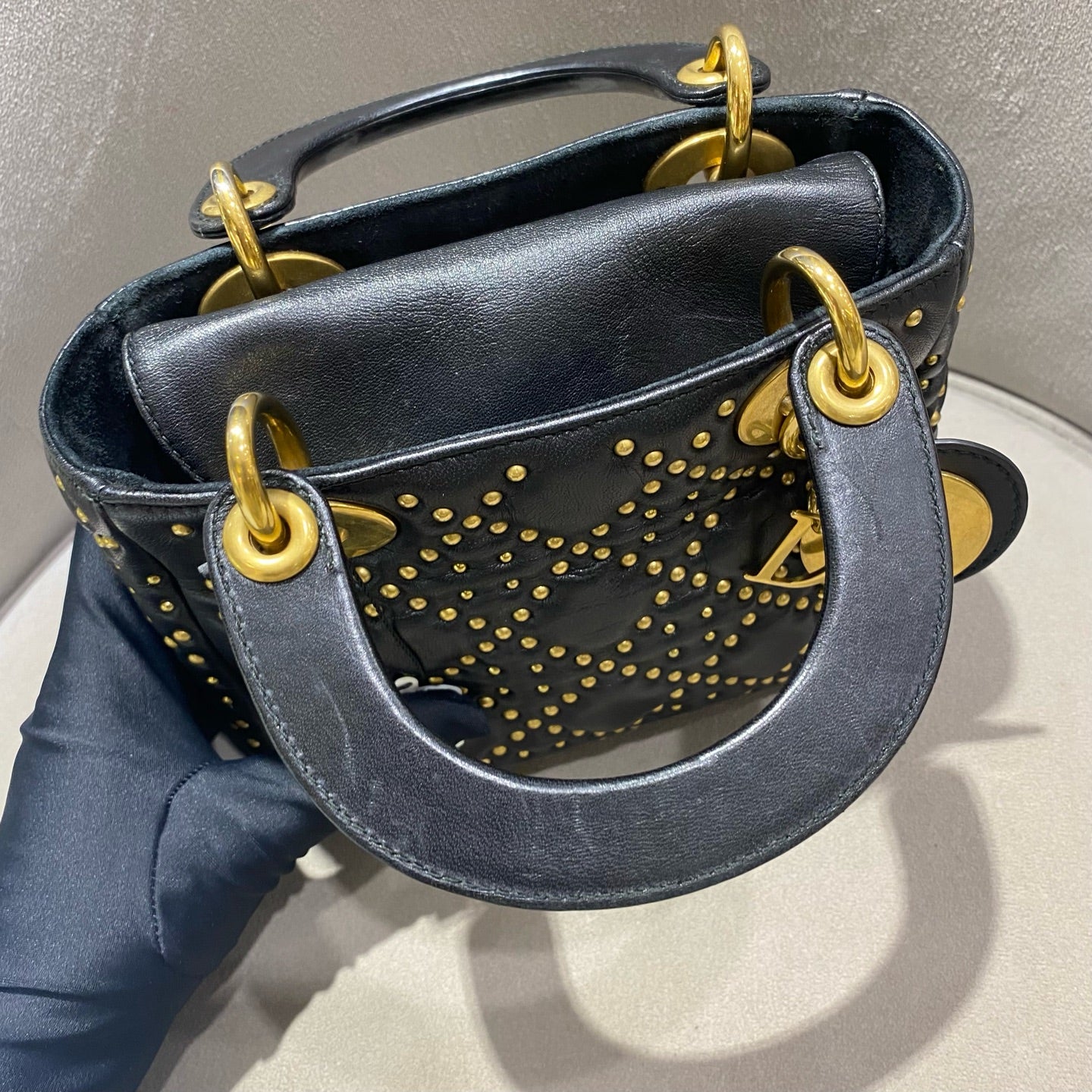 Dior - Lady Dior (Studded) - Lambskin leather with gold-tone rivets - Black - (Mini)