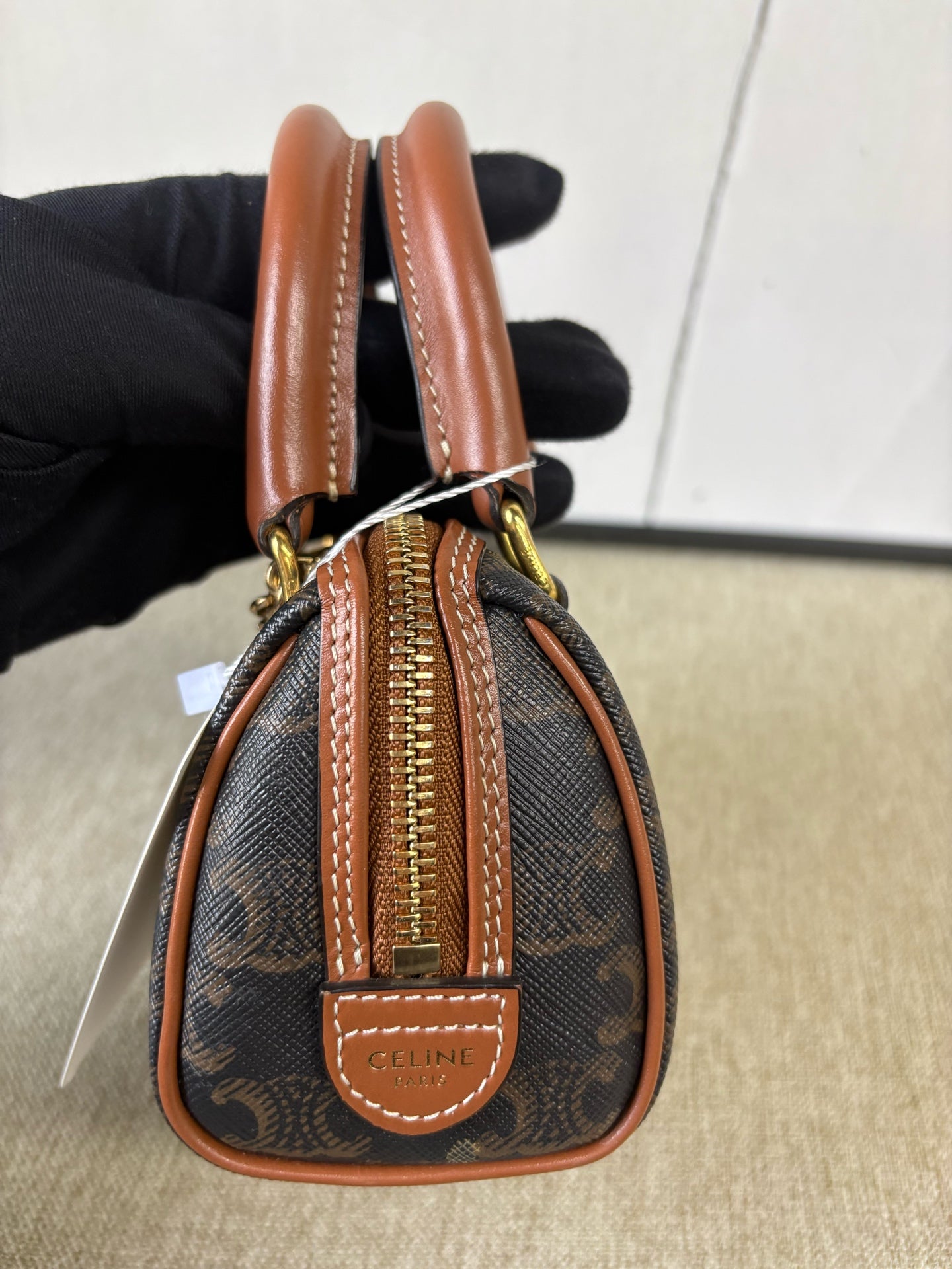 Celine - Triomphe Mini Boston Bag - Triomphe coated canvas with calfskin leather trim - Brown - (mini)
