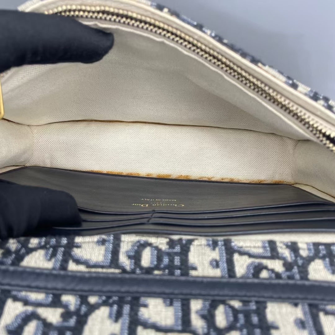Dior - Saddle Wallet on Chain (WOC) - Oblique jacquard canvas with leather trim - Blue - (small)