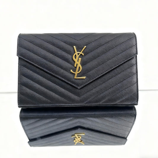 Saint Laurent - Kate Envelope Chain Wallet - Grained leather - Black with Gold-Tone Hardware - (Small)