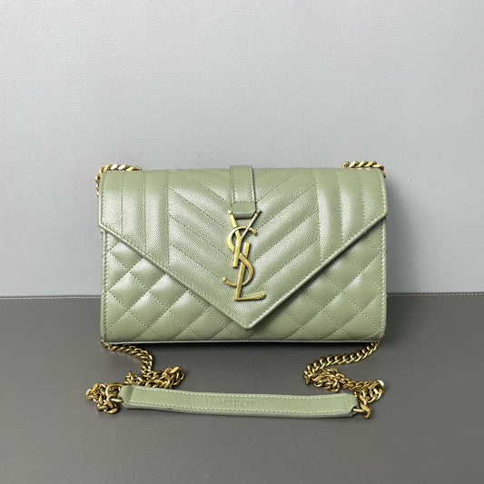 Saint Laurent - Monogram Envelope Chain Wallet - Grained leather - Green - (mini)