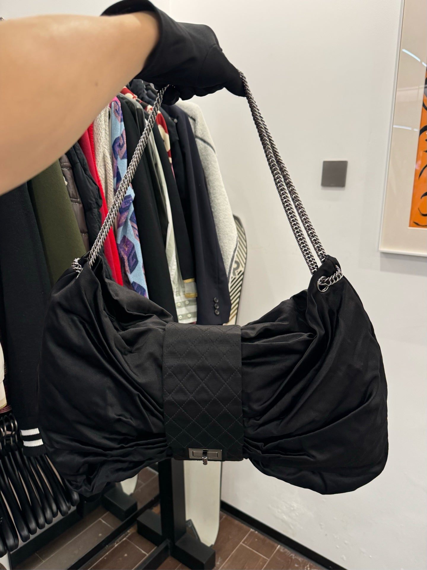 Chanel - Runway 2.55 Bow Chain Bag - Satin - Black - (Medium)