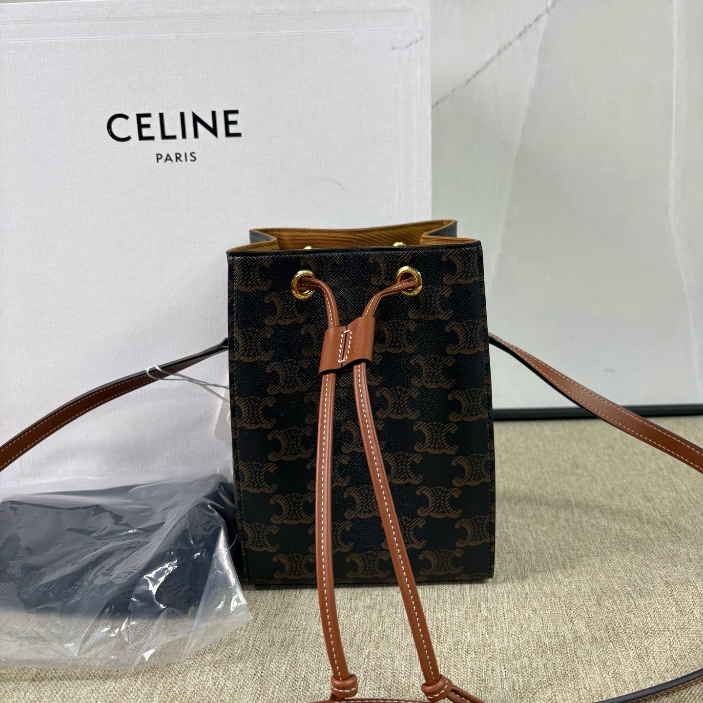 Celine - Sailor Bucket Bag - Triomphe coated canvas with calfskin leather trim and canvas lining - Black and Brown - (mini)