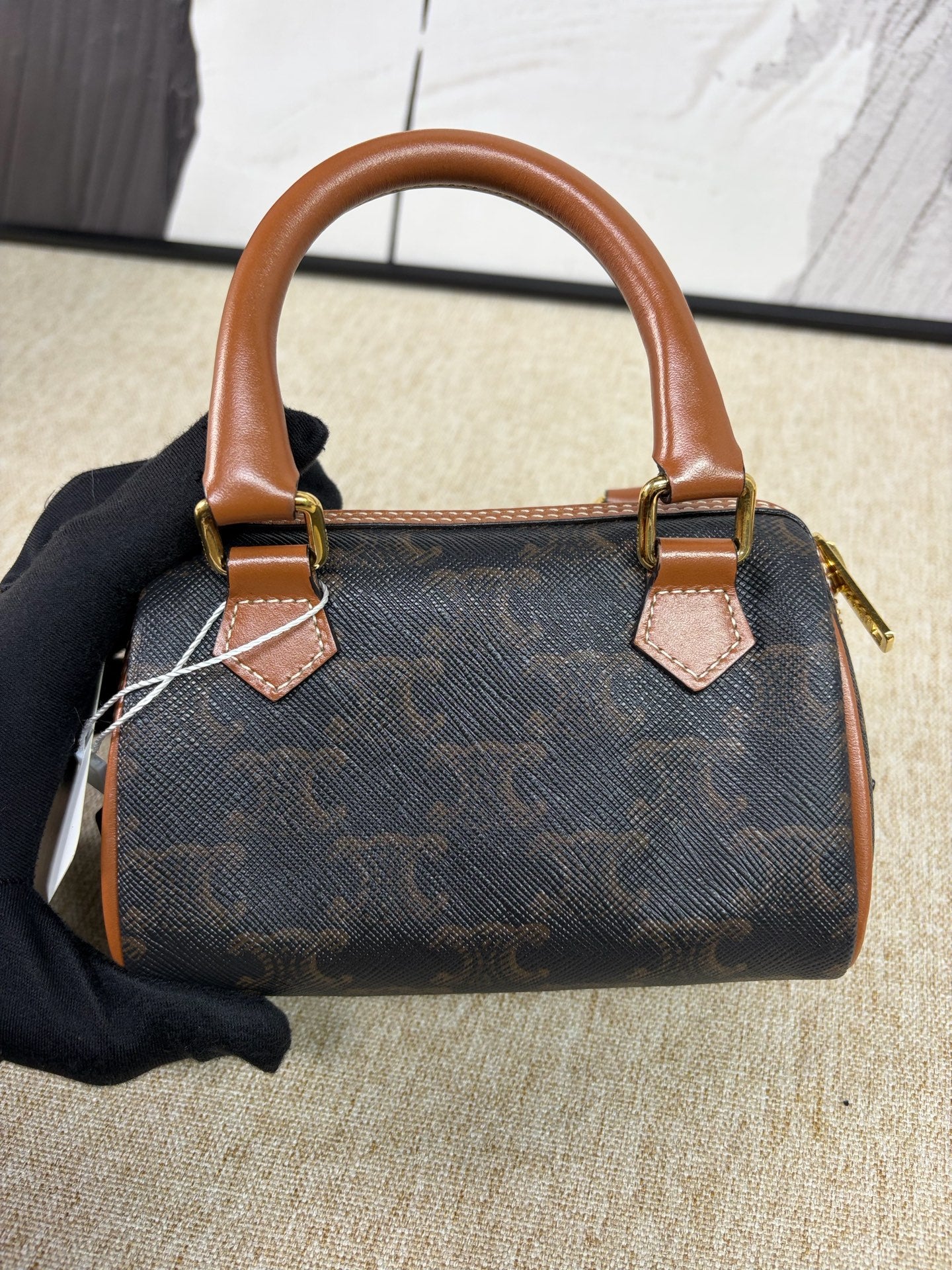 Celine - Triomphe Embroidered Mini Boston Bag - Triomphe coated canvas with leather trim - Brown - (mini)